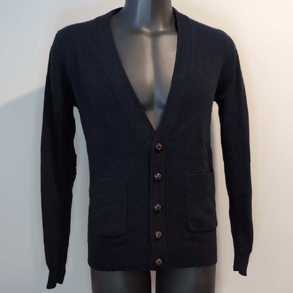 Simons Lambs Wool Navy V-Neck Button Cardigan Sweater